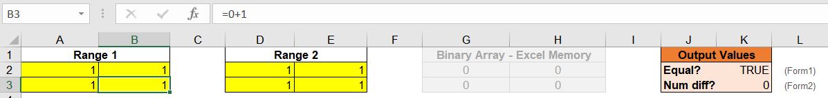 Example 1: Two ranges with identical output values (but different formulas), returns True