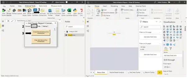 Remove live connections from the report file (left: dataset, right: report)
