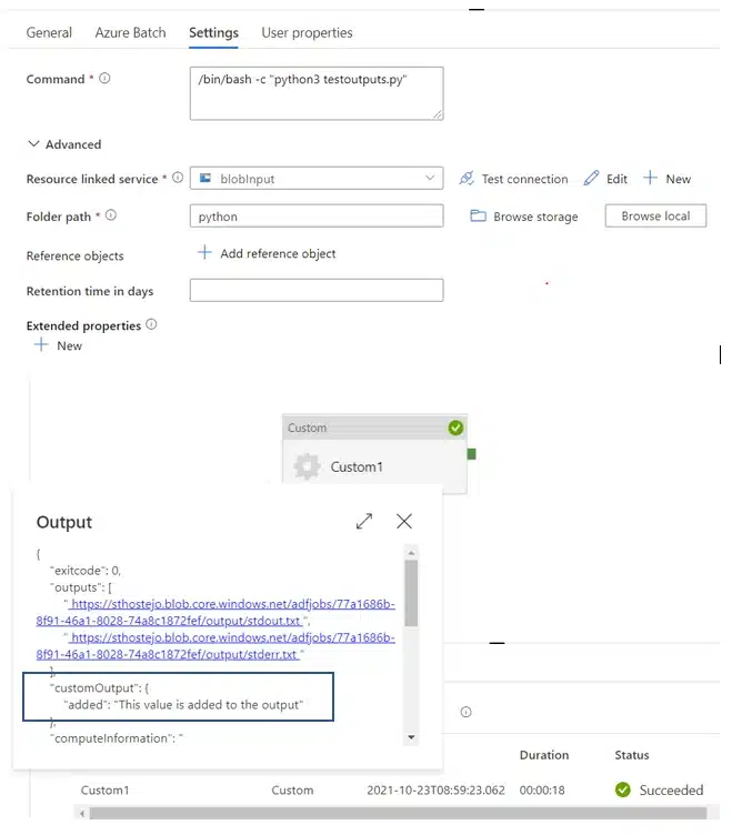 Figure 8: Azure Data Factory Custom Activity – add something to the output from within the Python script