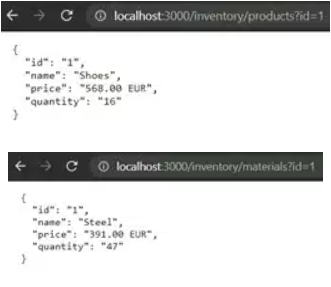 Figure 3: Mockoon – Test API responses for materials and products in web browser